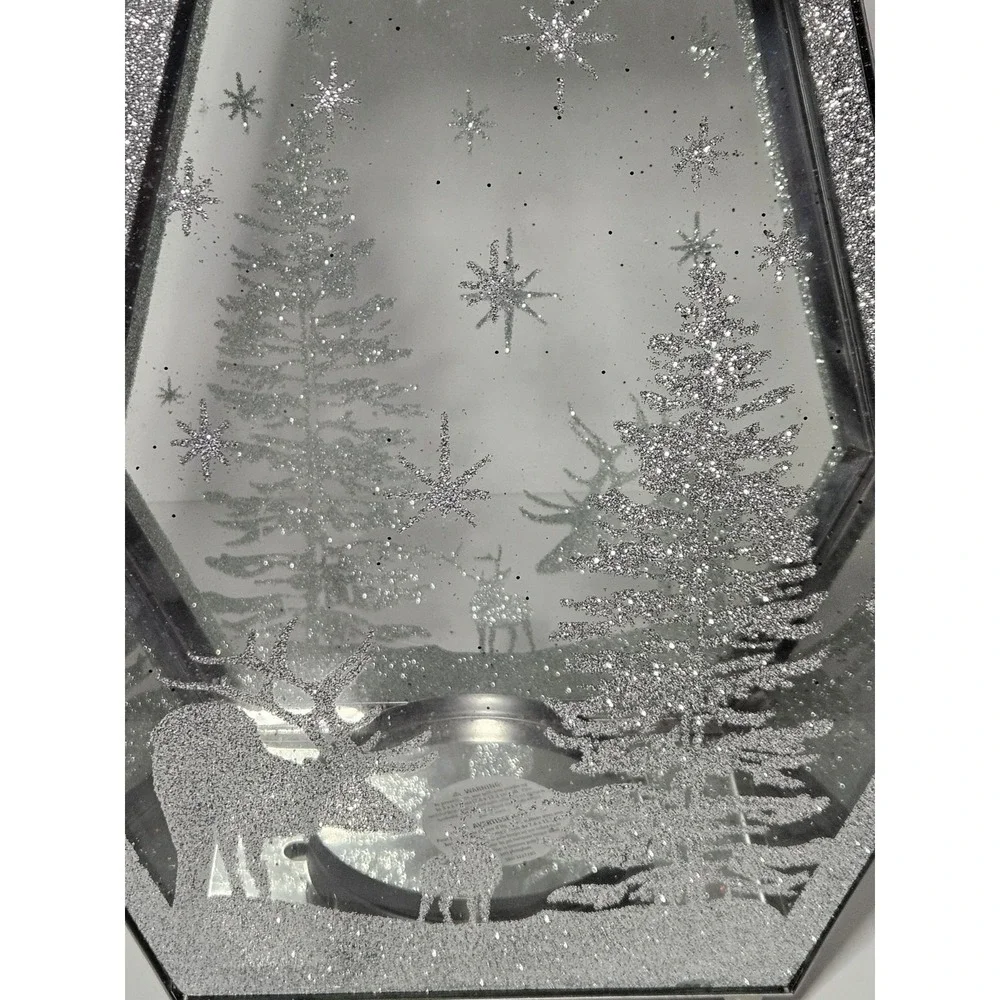 Silver Mirrored Winter Reindeer Snow Scene Geometric Holiday Candle Lantern 13